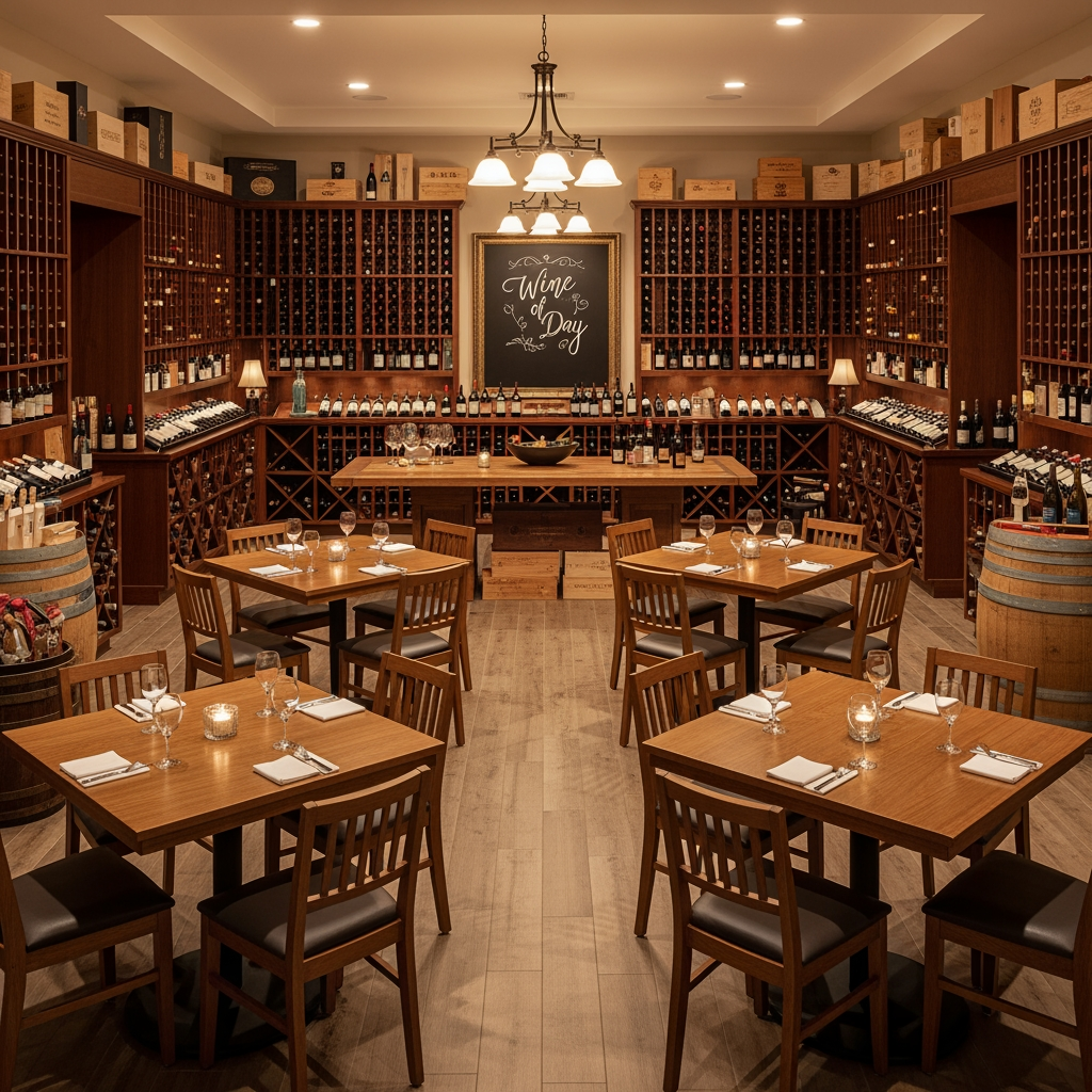 AI Design for crea una enoteca con dei tavoli quadrati un tavolo per la degustazione senza persone
