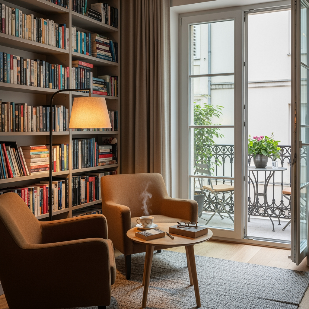 AI Design for crea una pisccola sala lettura per un albergo con porta finestra che si affaccia sul balcone