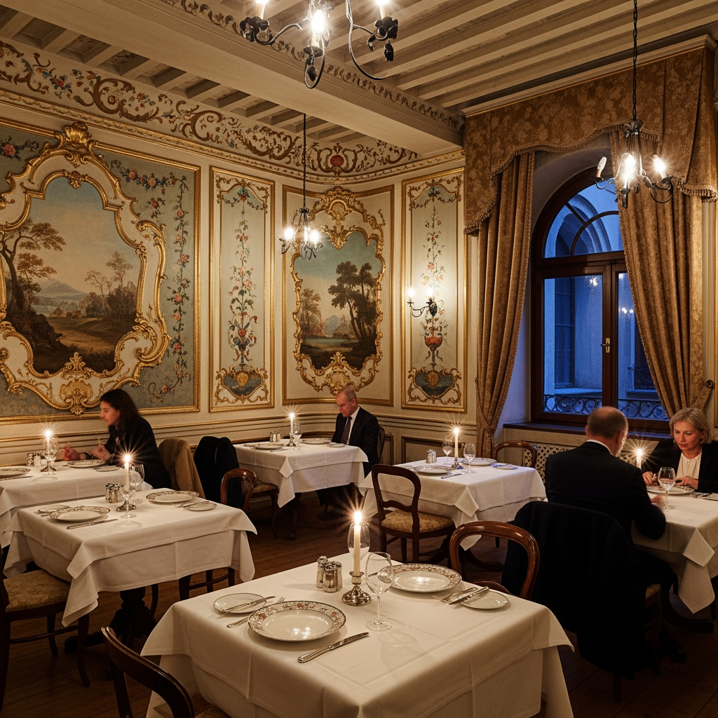 AI Design for crea una sala non molto grande di un ristorante con pareti decorate tavoli quadrati per un palazzo del 700 con soffitto basso