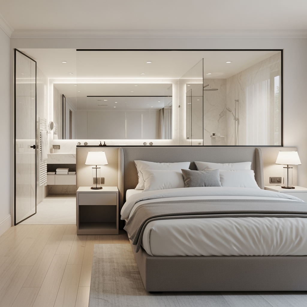 AI Design for voglio un rendering di una camera da letto molto ampia, con un bagno dietro al letto e che ha le pareti in vetro trasparente, e la porta al bagno anch'essa in vetro sul lato sinistro del letto