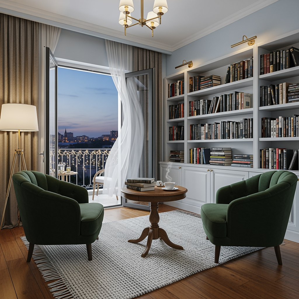 AI Design for crea una pisccola sala lettura per un albergo con porta finestra che si affaccia sul balcone
