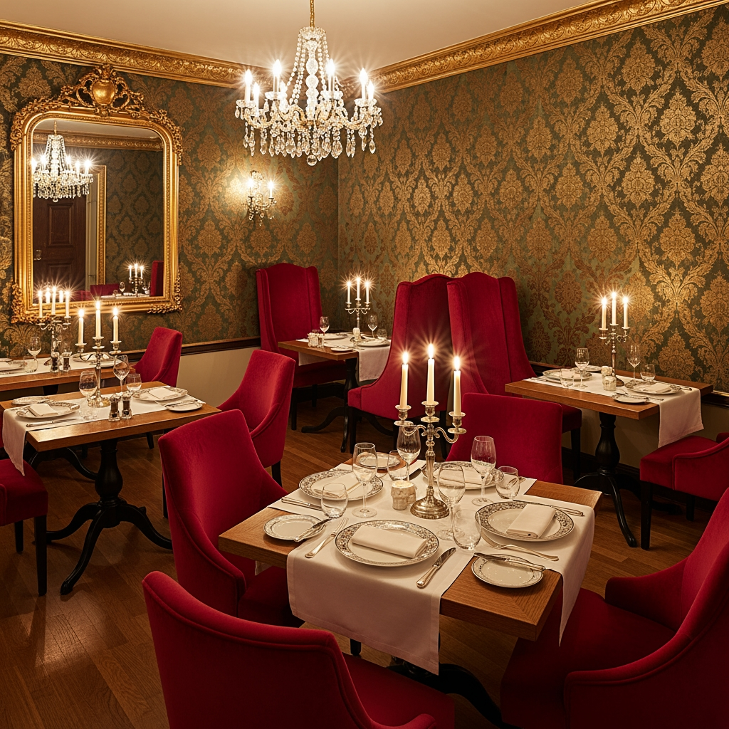 AI Design for crea una sala  non molto grande di un ristorante stile classico con pareti decorate  tavoli quadrati  per un palazzo del 700 con soffitto basso