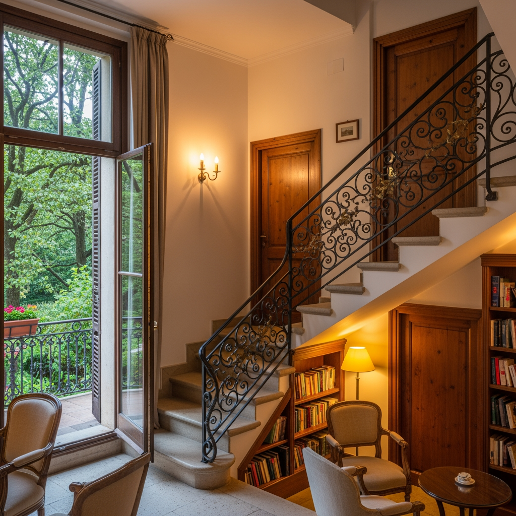 AI Design for crea una pisccola sala lettura per un albergo con porta finestra che si affaccia sul balcone con vista giardino, e dentro la stanza si vede una scala addossata al muro con ringhiera in ferro che porta al piano di sotto e due porte una destra una a sinistra