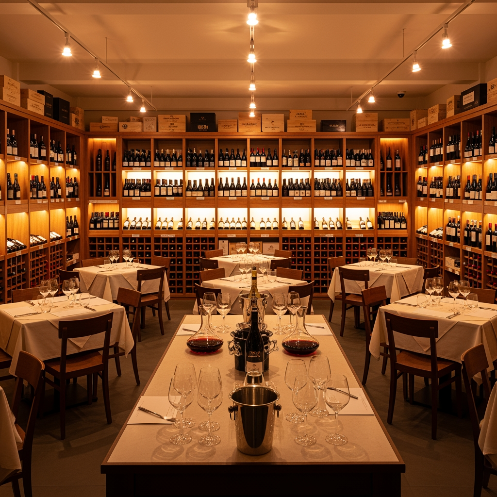 AI Design for crea una enoteca con dei tavoli quadrati un tavolo per la degustazione senza persone