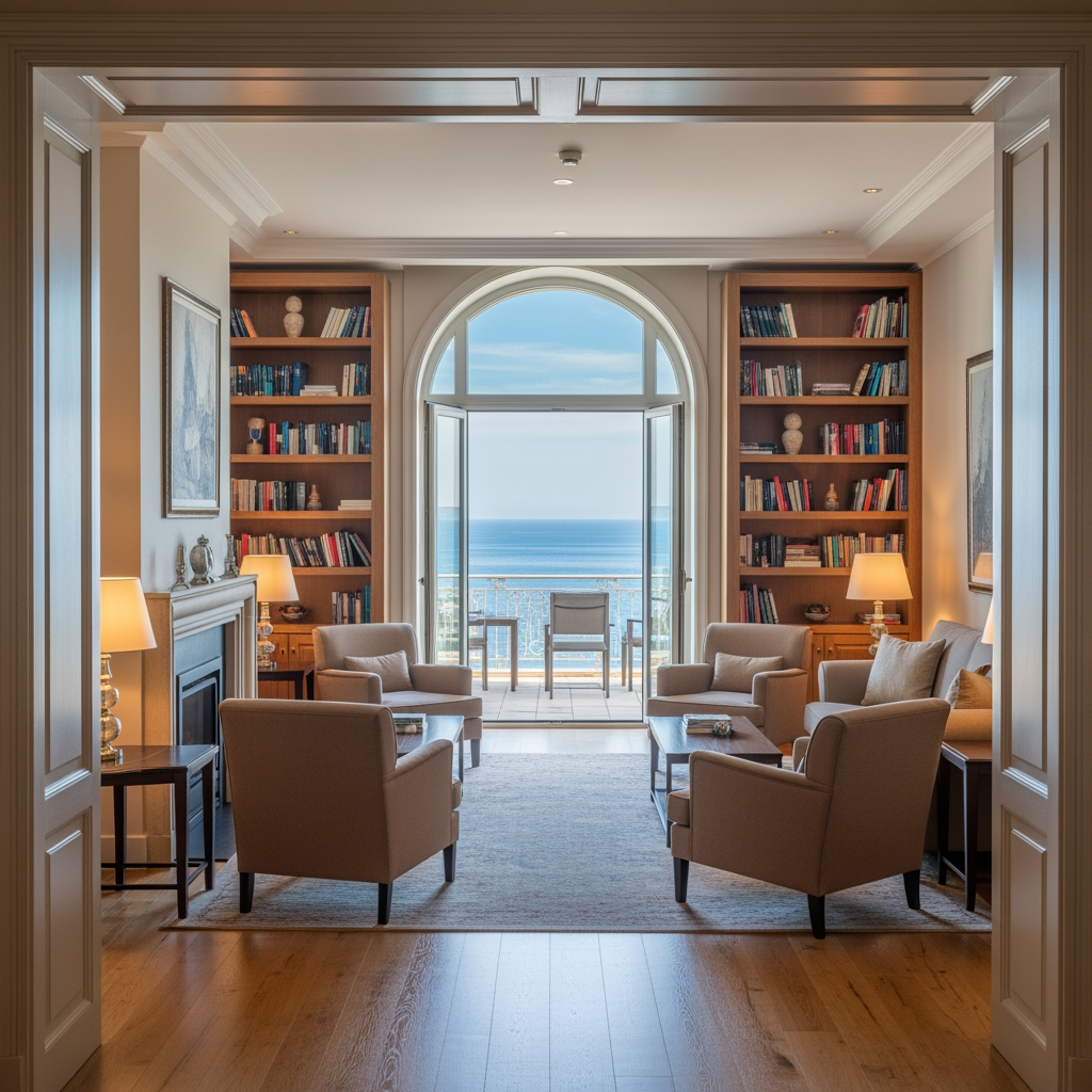 AI Design for crea una sala lettura per un albergo con porta finestra che si affaccia sul balcone con vista mare, e due porte una destra una a sinistra