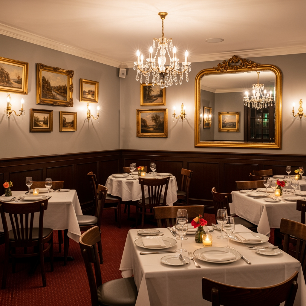 AI Design for crea una sala  non molto grande di un ristorante stile classico