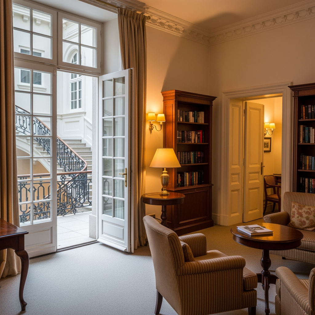 AI Design for crea una pisccola sala lettura per un albergo con porta finestra che si affaccia sul balcone e si vede una scala che porta al piano di sotto e due porte una destra una a sinistra