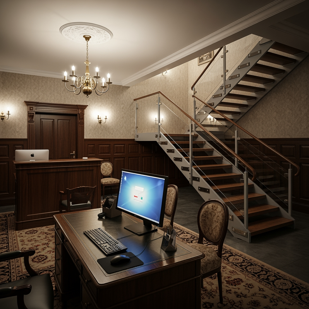 AI Design for voglio un rendering di una reception in stile classico non molto grande, con soffitto basso, una scrivania con un computer e  dove si vede anche una scala moderna che porta al primo piano sul lato destro