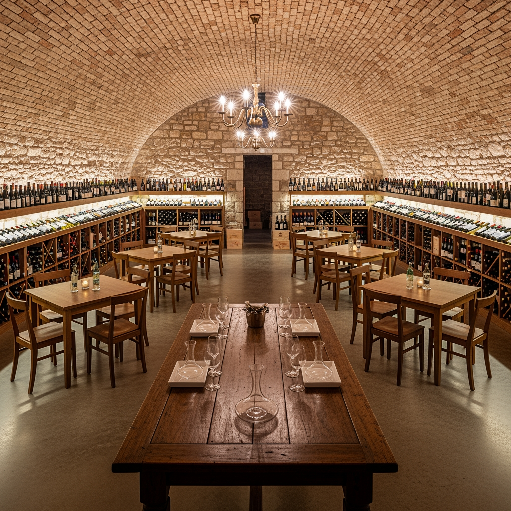 AI Design for crea una enoteca con dei tavoli quadrati un tavolo per la degustazione senza persone