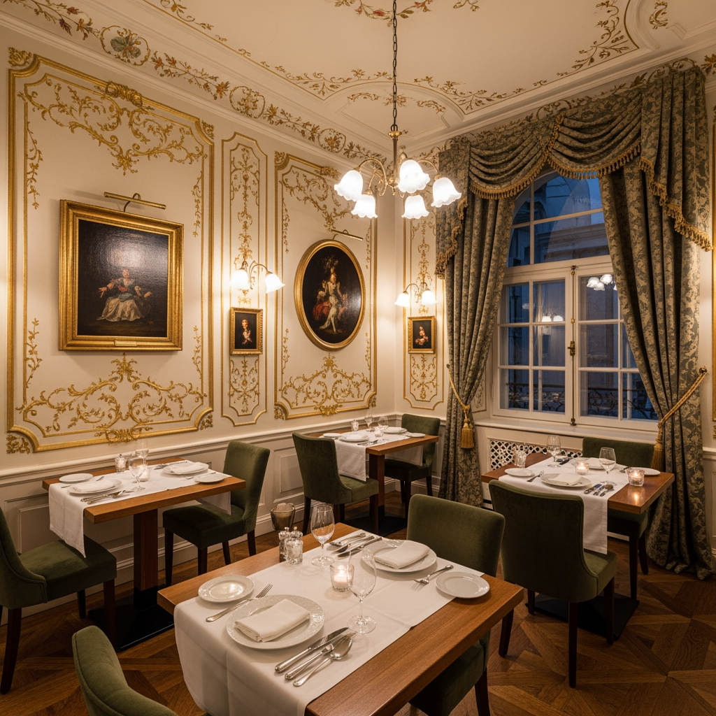 AI Design for crea una sala non molto grande di un ristorante stile classico con pareti decorate tavoli quadrati per un palazzo del 700 con soffitto basso