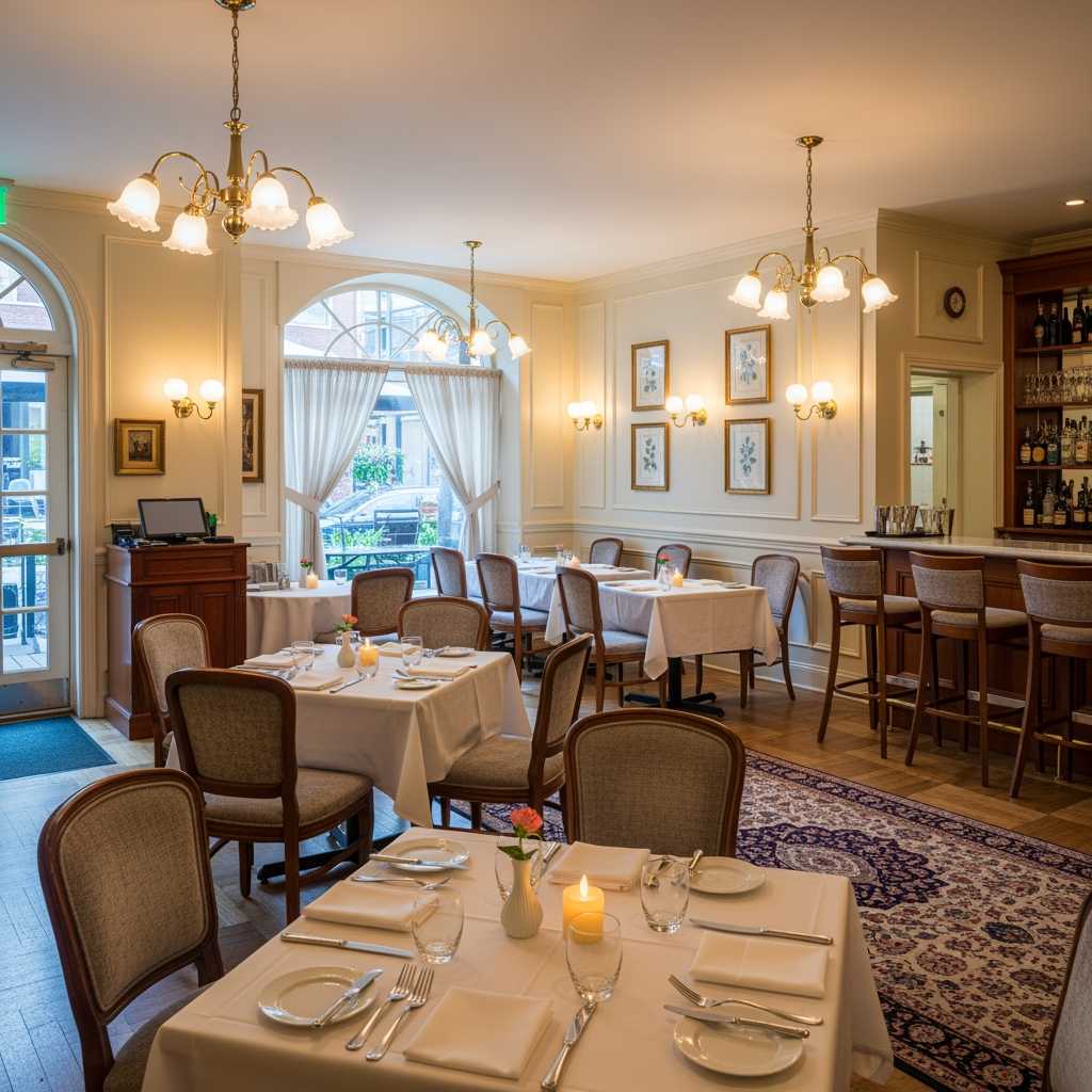 AI Design for crea una sala per un ristorante non molto grande stile classico leggero