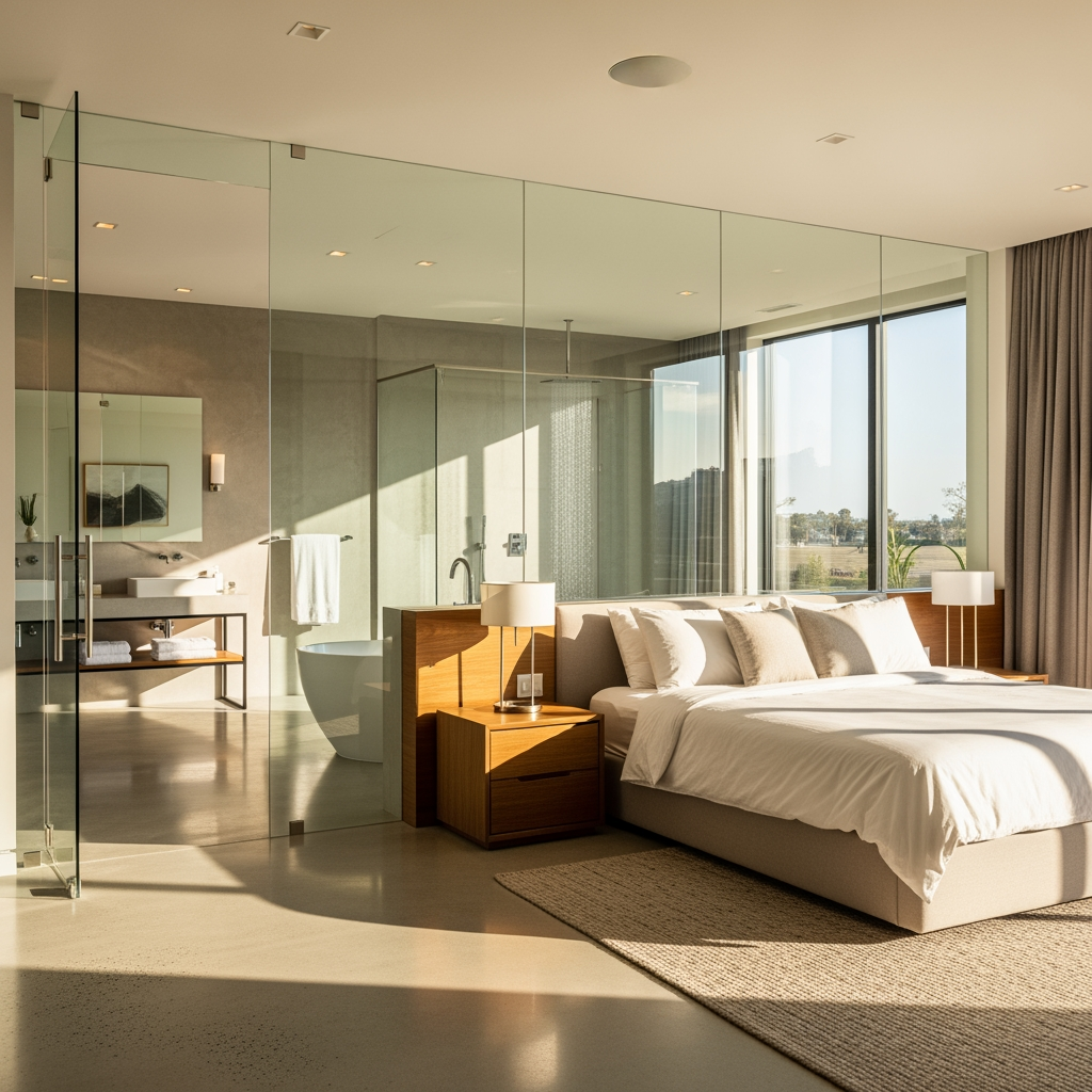 AI Design for voglio un rendering di una camera da letto molto ampia, con un bagno dietro al letto e che ha le pareti in vetro trasparente, e la porta al bagno anch'essa in vetro sul lato sinistro del letto
