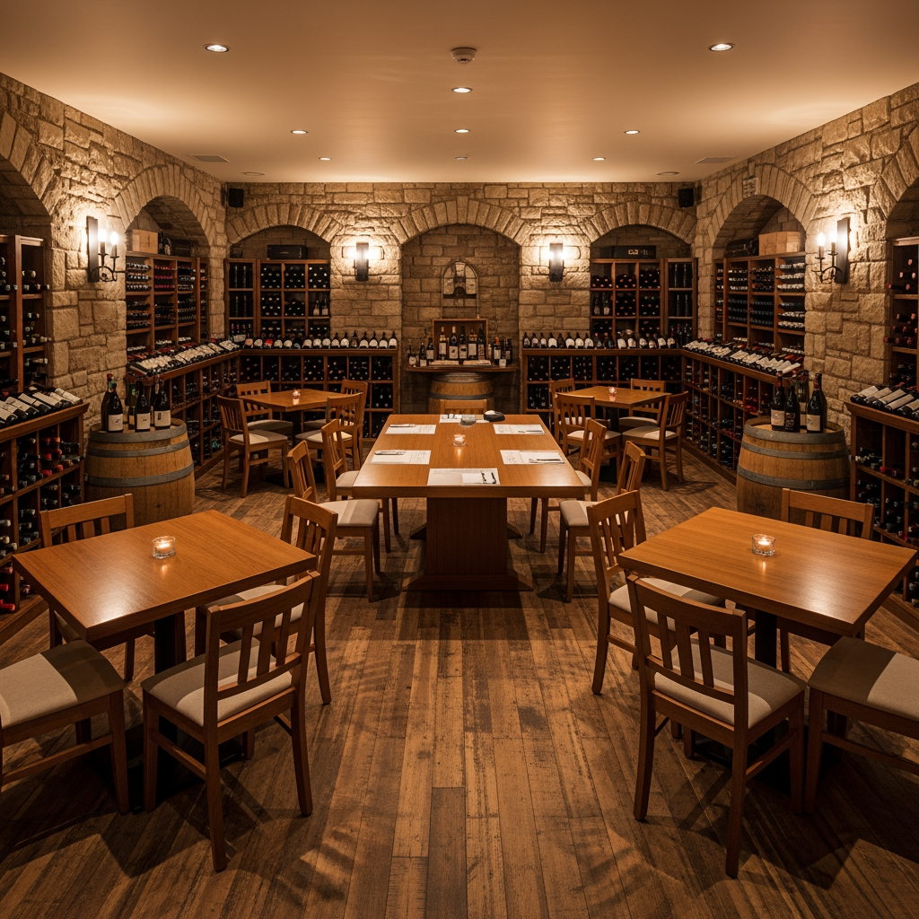 AI Design for crea una enoteca con dei tavoli quadrati un tavolo per la degustazione senza persone