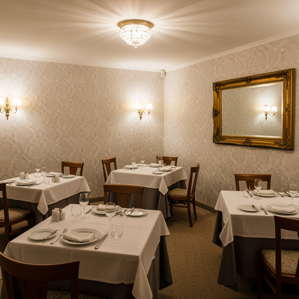 AI Design for crea una sala  non molto grande di un ristorante stile classico con pareti con carta da parati chiare tavoli quadrati  per un palazzo del 700 con soffitto basso