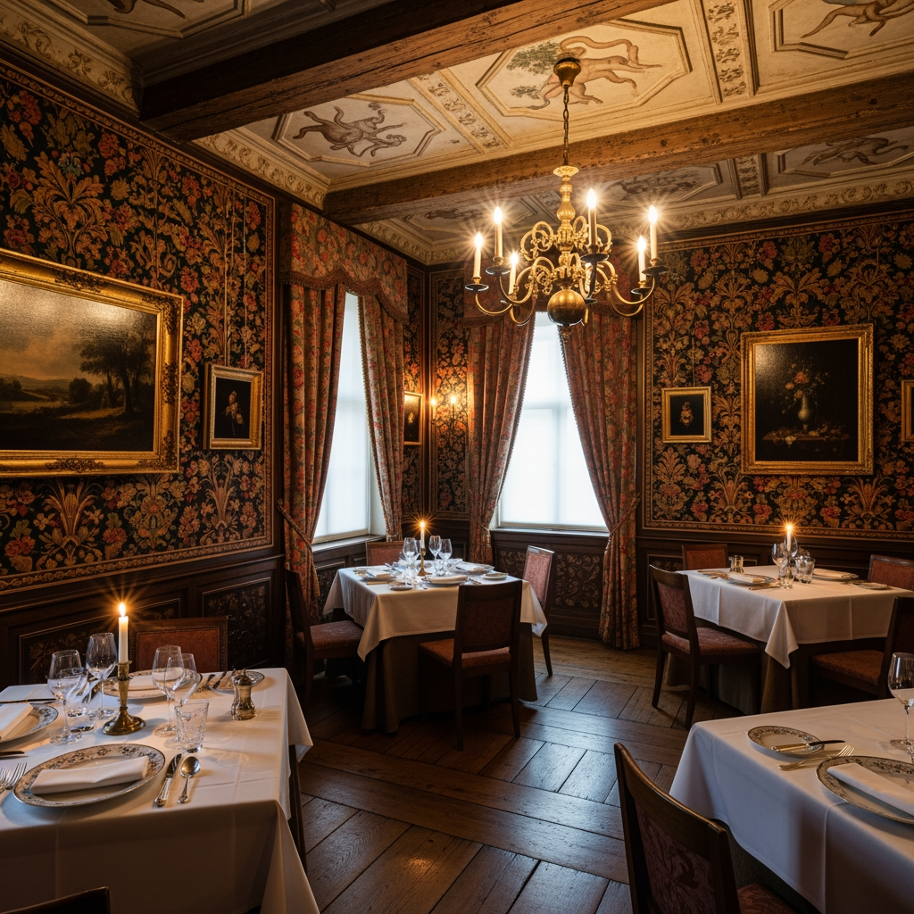 AI Design for crea una sala non molto grande di un ristorante con pareti decorate tavoli quadrati per un palazzo del 700 con soffitto basso