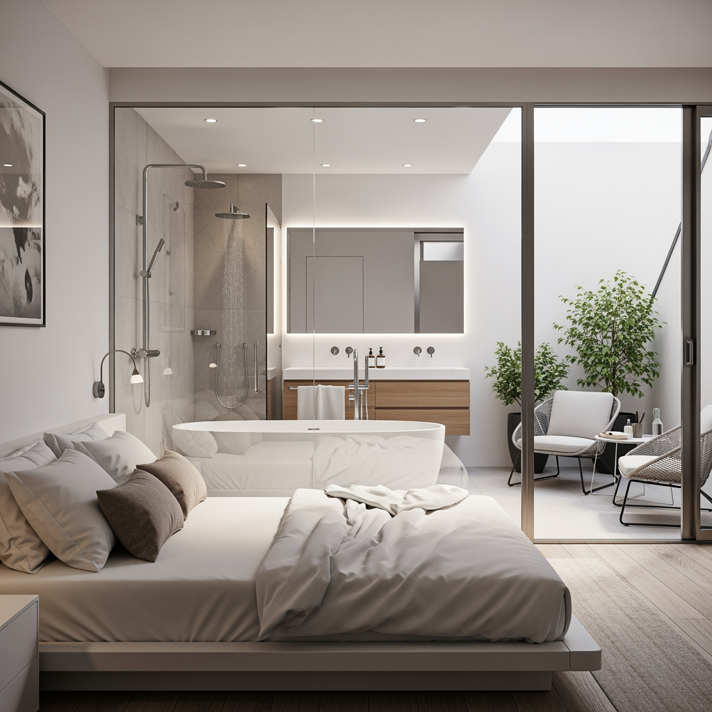 AI Design for voglio un rendering di una camera da letto, con un bagno posizionato dietro al letto e che ha le pareti in vetro trasparente, e la camera che si affaccia su una piccola terrazza