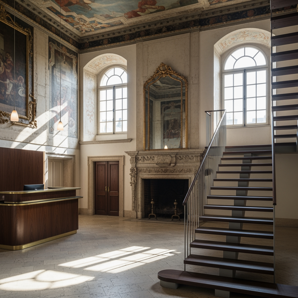 AI Design for voglio un rendering di una reception in un palazzo del 700 non molto grande dove si vede anche una scala moderna che porta al primo piano sul lato destro