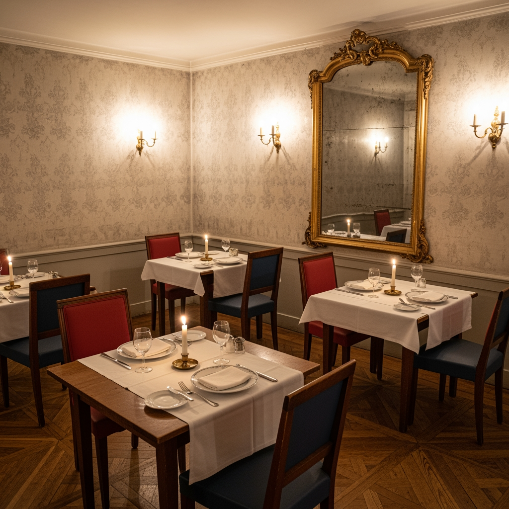 AI Design for crea una sala  non molto grande di un ristorante stile classico con pareti chiare tavoli quadrati  per un palazzo del 700 con soffitto basso