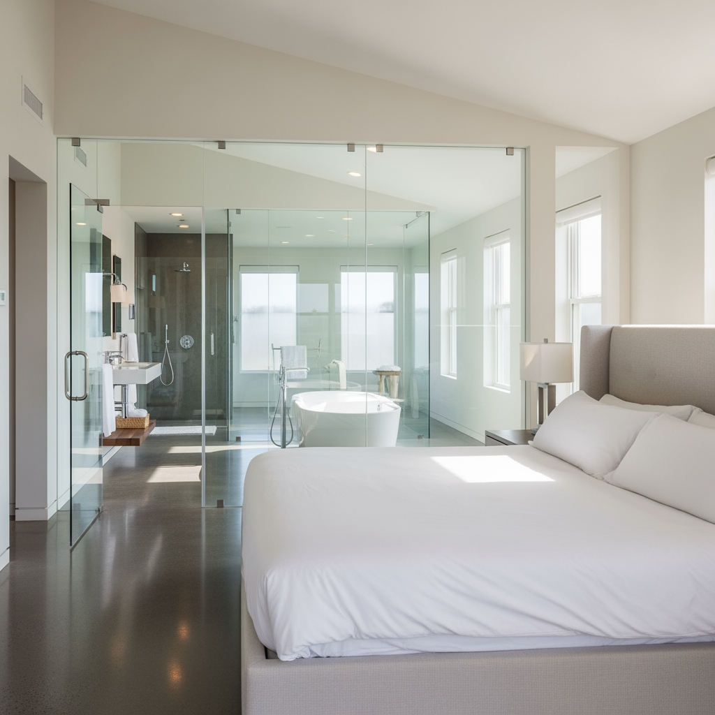 AI Design for voglio un rendering di una camera da letto molto ampia, con un bagno dietro al letto e che ha le pareti in vetro trasparente, e la porta al bagno anch'essa in vetro sul lato sinistro del letto