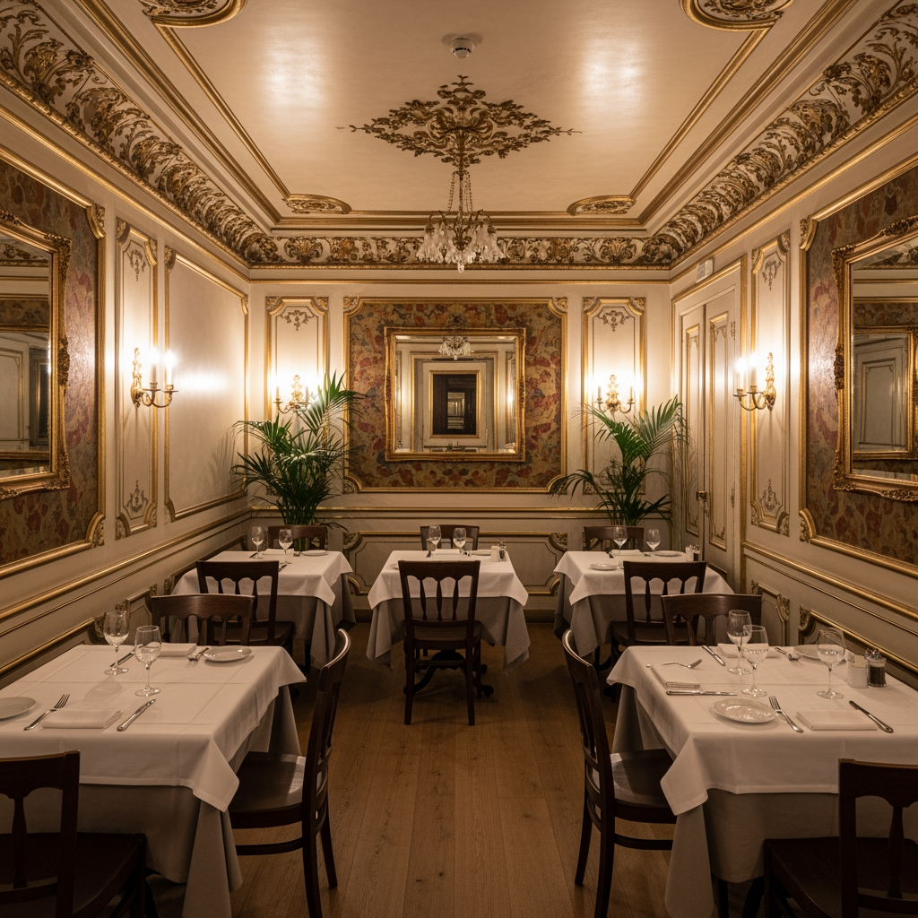 AI Design for crea una sala non molto grande di un ristorante stile classico con pareti decorate tavoli quadrati per un palazzo del 700 con soffitto basso
