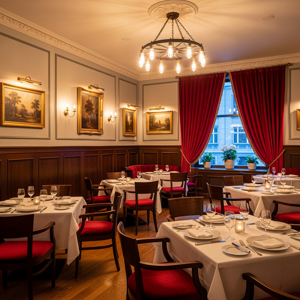 AI Design for crea una sala  non molto grande di un ristorante stile classico