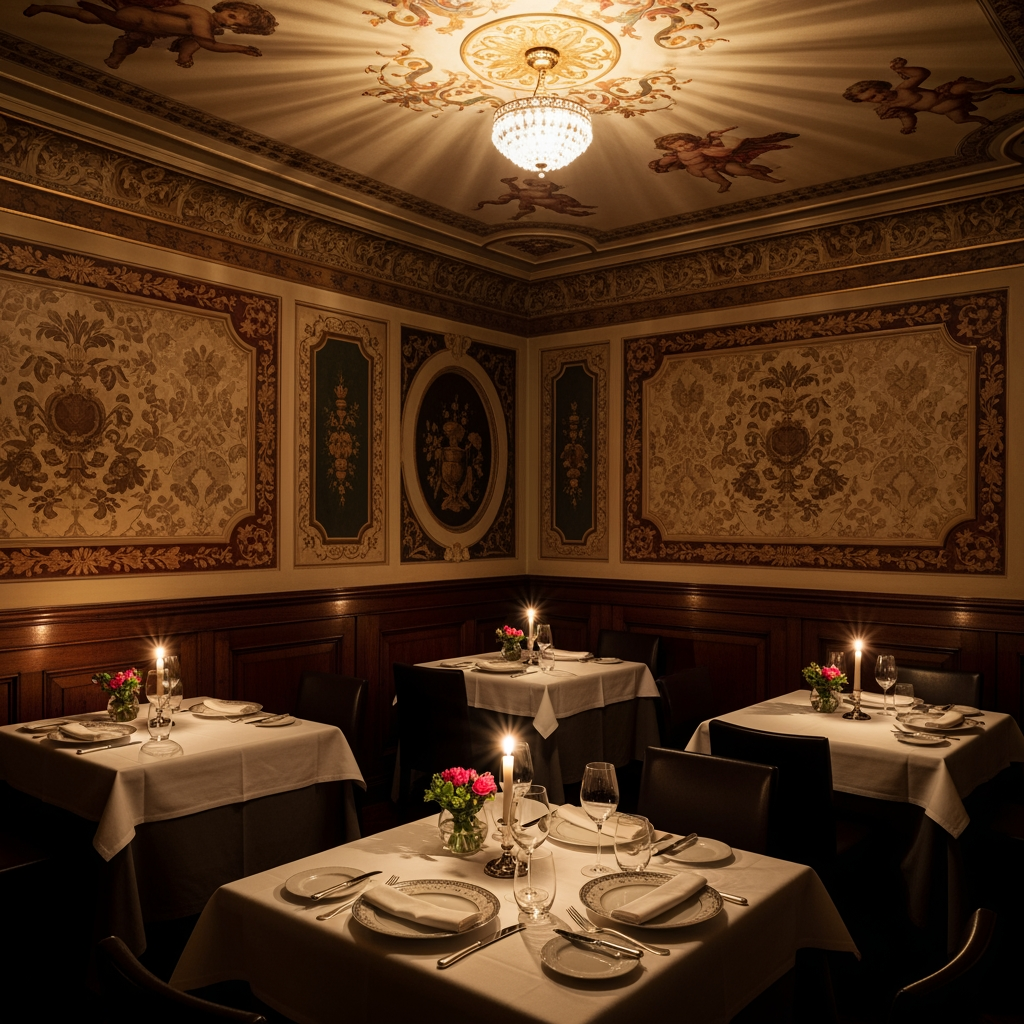 AI Design for crea una sala non molto grande di un ristorante stile classico con pareti decorate tavoli quadrati per un palazzo del 700 con soffitto basso