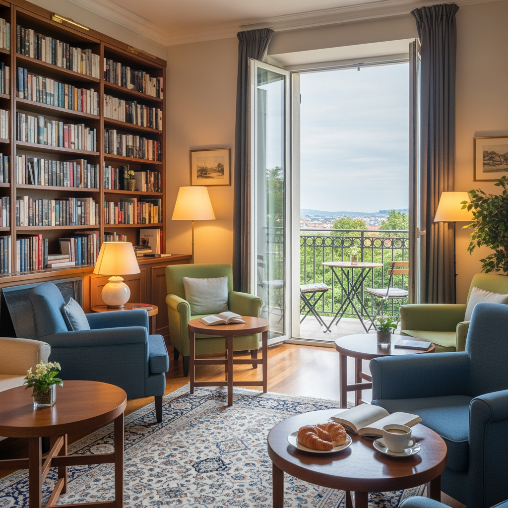 AI Design for crea una pisccola sala lettura per un albergo con porta finestra che si affaccia sul balcone