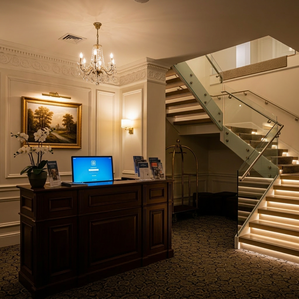 AI Design for voglio un rendering di una reception in stile classico non molto grande, con soffitto basso, una scrivania con un computer e dove si vede anche una scala moderna che porta al primo piano sul lato destro