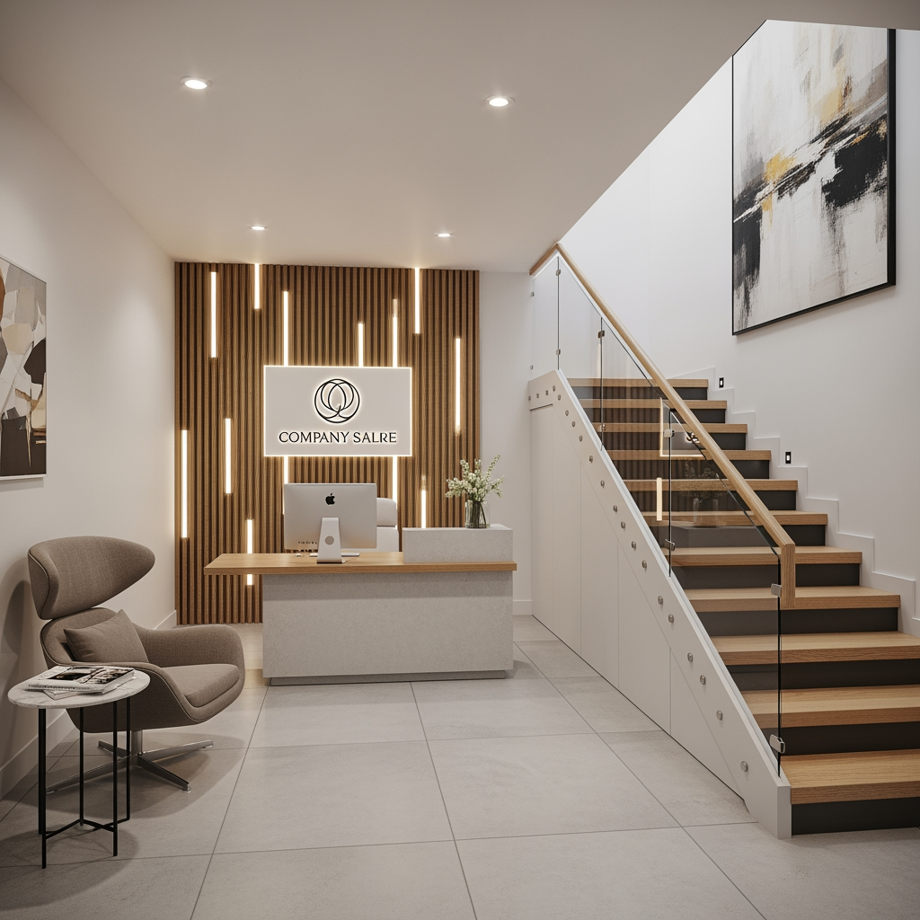 AI Design for voglio un rendering di una reception non molto grande dove si vede anche una scala moderna che porta al primo piano sul lato destro