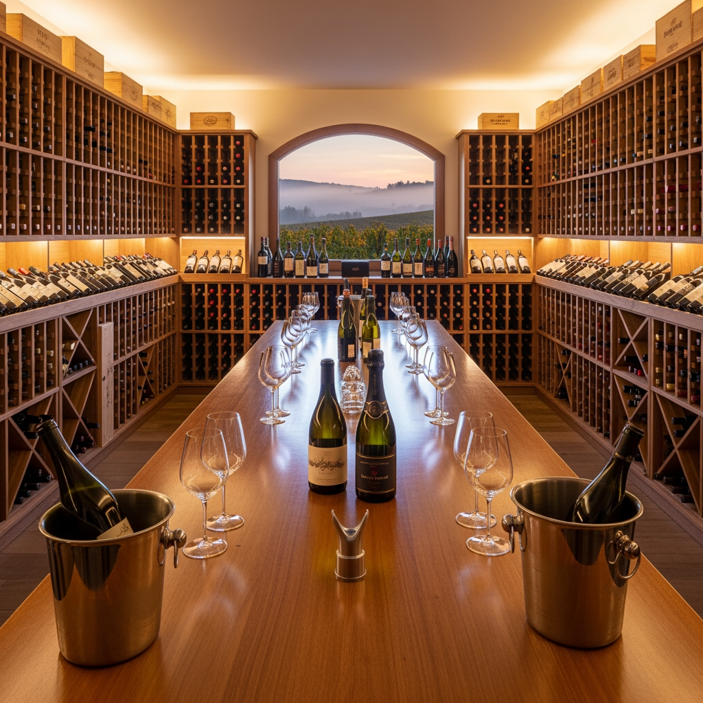 AI Design for crea una enoteca con un tavolo per la degustazione senza persone