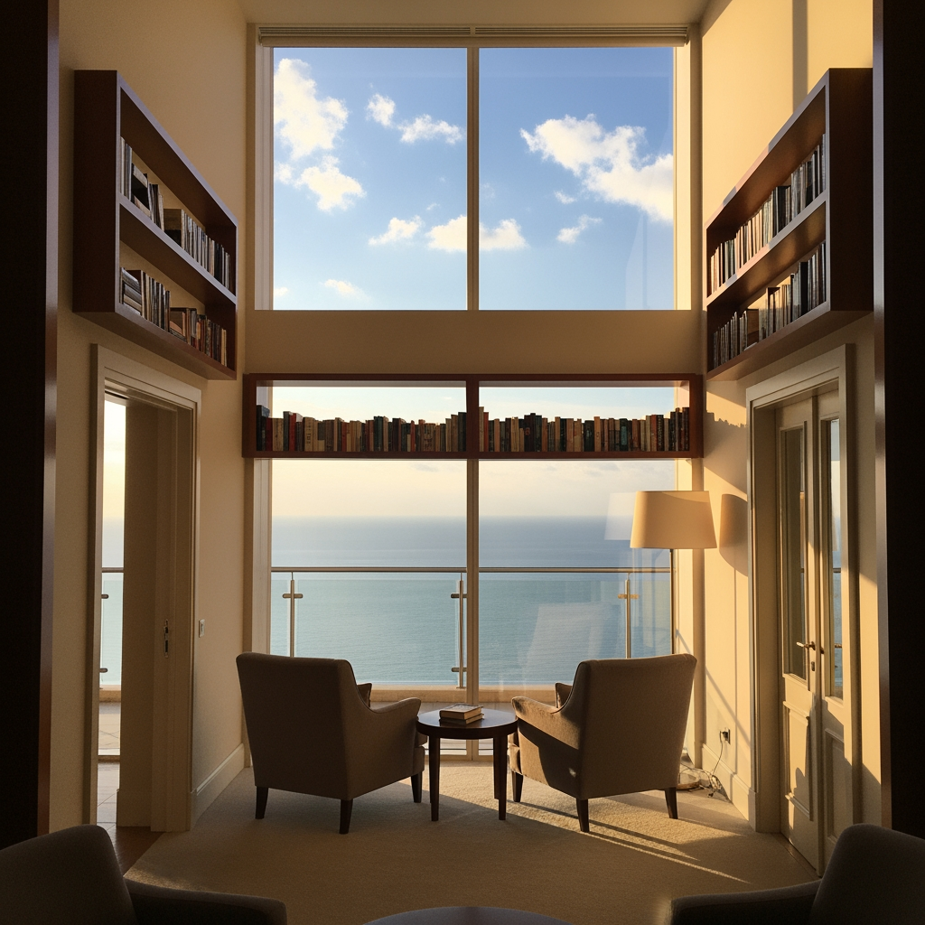 AI Design for crea una sala lettura per un albergo con porta finestra che si affaccia sul balcone con vista mare, e due porte una destra una a sinistra