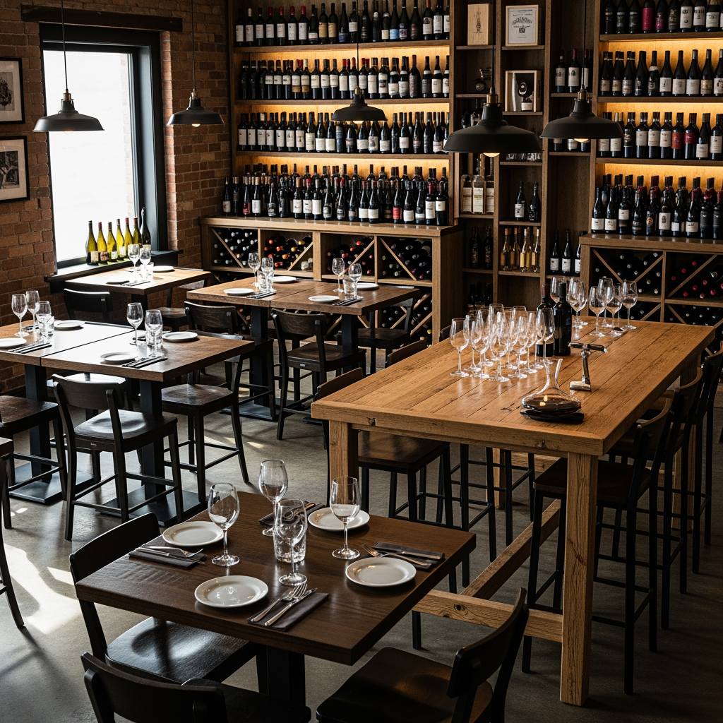 AI Design for crea una enoteca con dei tavoli quadrati un tavolo per la degustazione senza persone
