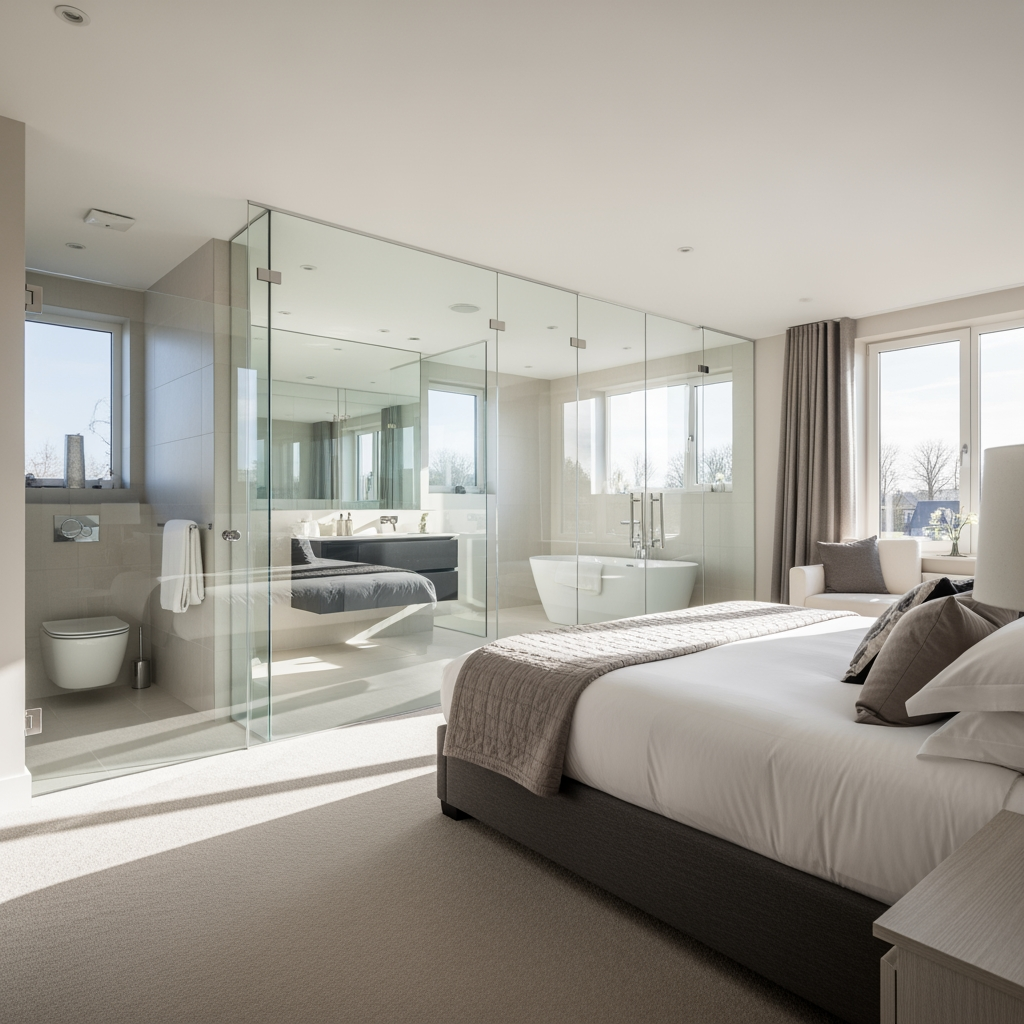 AI Design for voglio un rendering di una camera da letto molto ampia, con un bagno dietro al letto e che ha le pareti in vetro trasparente, e la porta al bagno anch'essa in vetro sul lato sinistro del letto