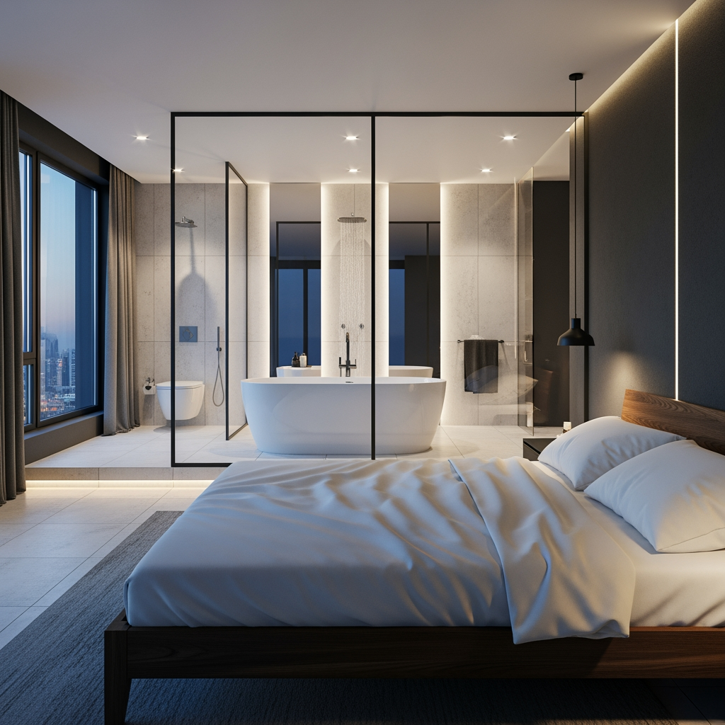 AI Design for voglio un rendering di una camera da letto, con un bagno posizionato dietro al letto e che ha le pareti in vetro trasparente,