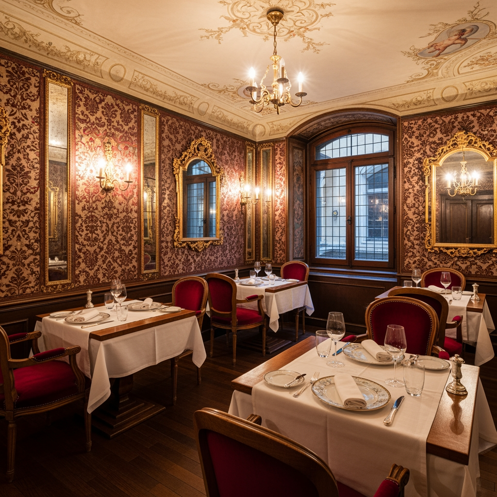 AI Design for crea una sala  non molto grande di un ristorante stile classico con pareti decorate  tavoli quadrati  per un palazzo del 700 con soffitto basso