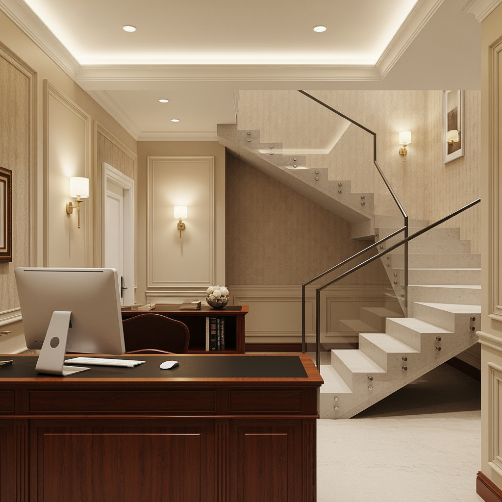 AI Design for voglio un rendering di una reception in stile classico non molto grande, con soffitto basso, una scrivania con un computer e dove si vede anche una scala moderna che porta al primo piano sul lato destro