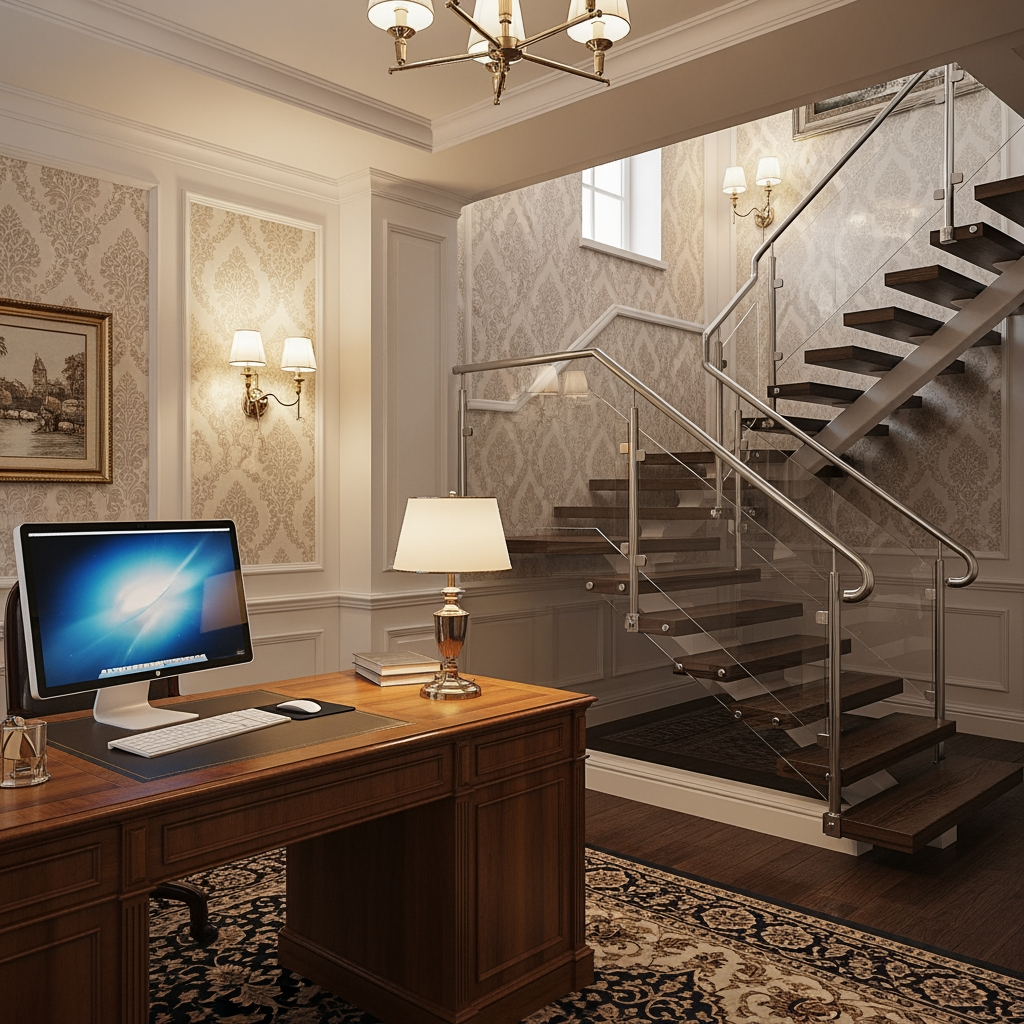 AI Design for voglio un rendering di una reception in stile classico non molto grande, con soffitto basso, una scrivania con un computer e dove si vede anche una scala moderna che porta al primo piano sul lato destro