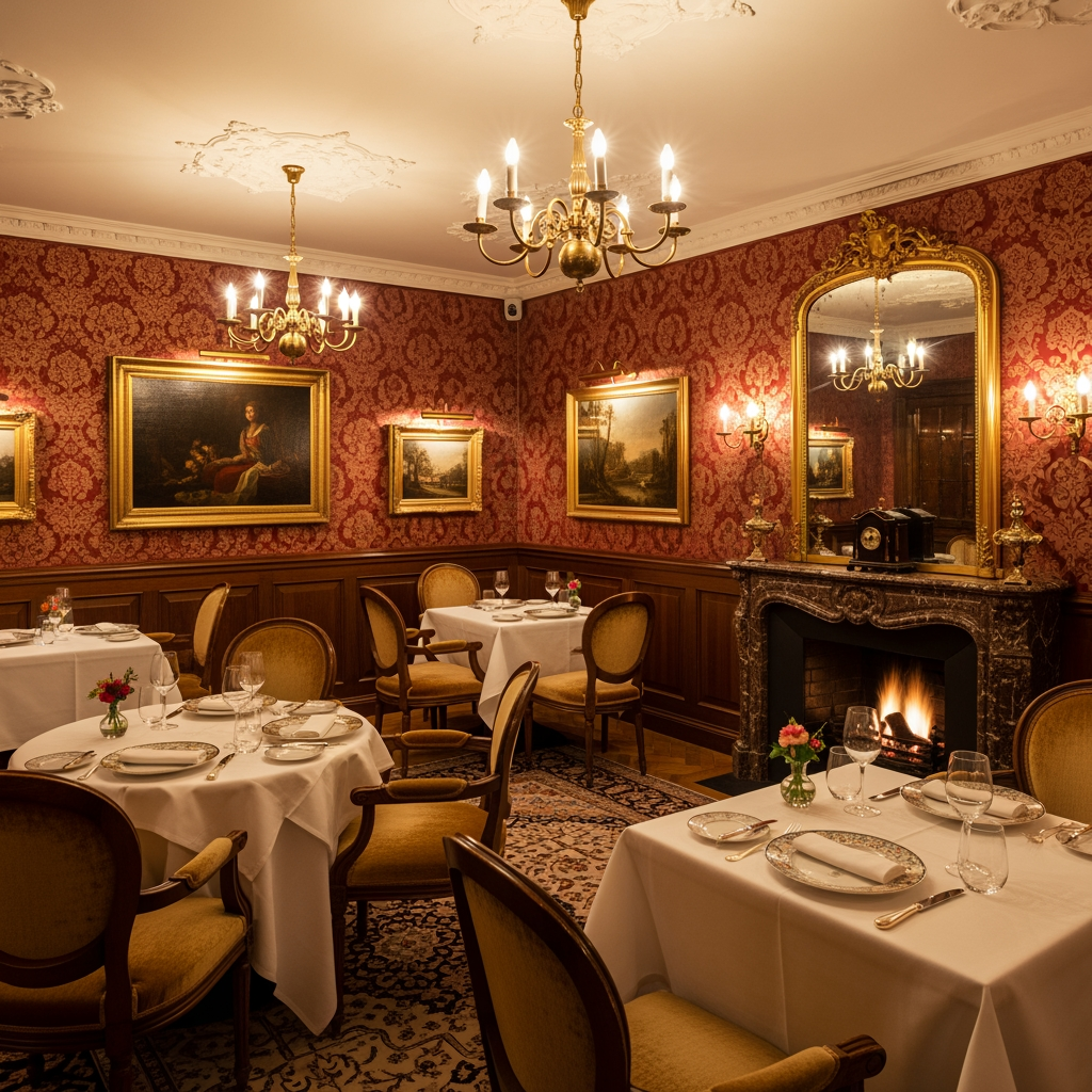 AI Design for crea una sala  non molto grande di un ristorante stile classico per un palazzo del 700 con soffitto basso