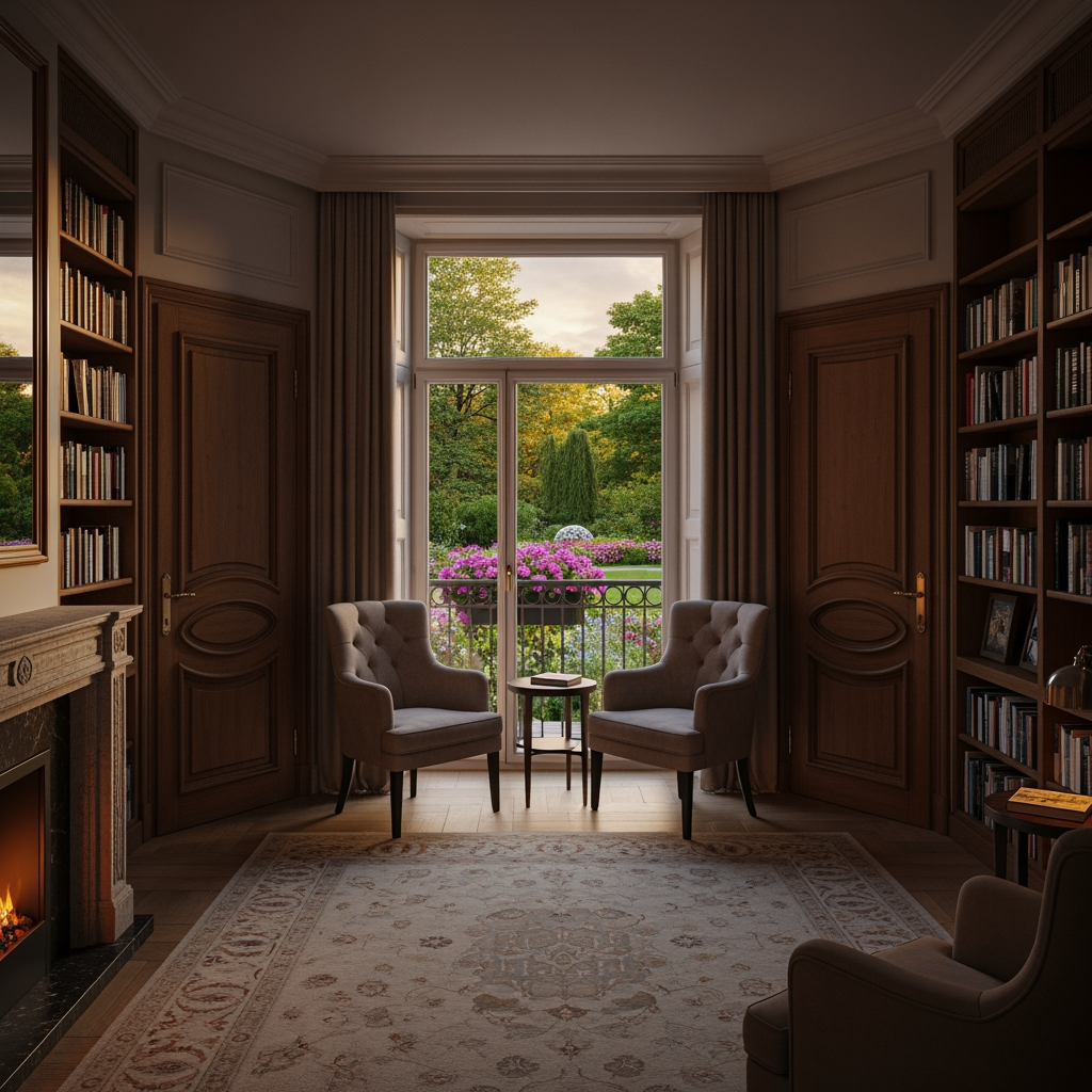 AI Design for crea una sala lettura per un albergo con porta finestra che si affaccia sul balcone con vista giardino, e due porte una destra una a sinistra