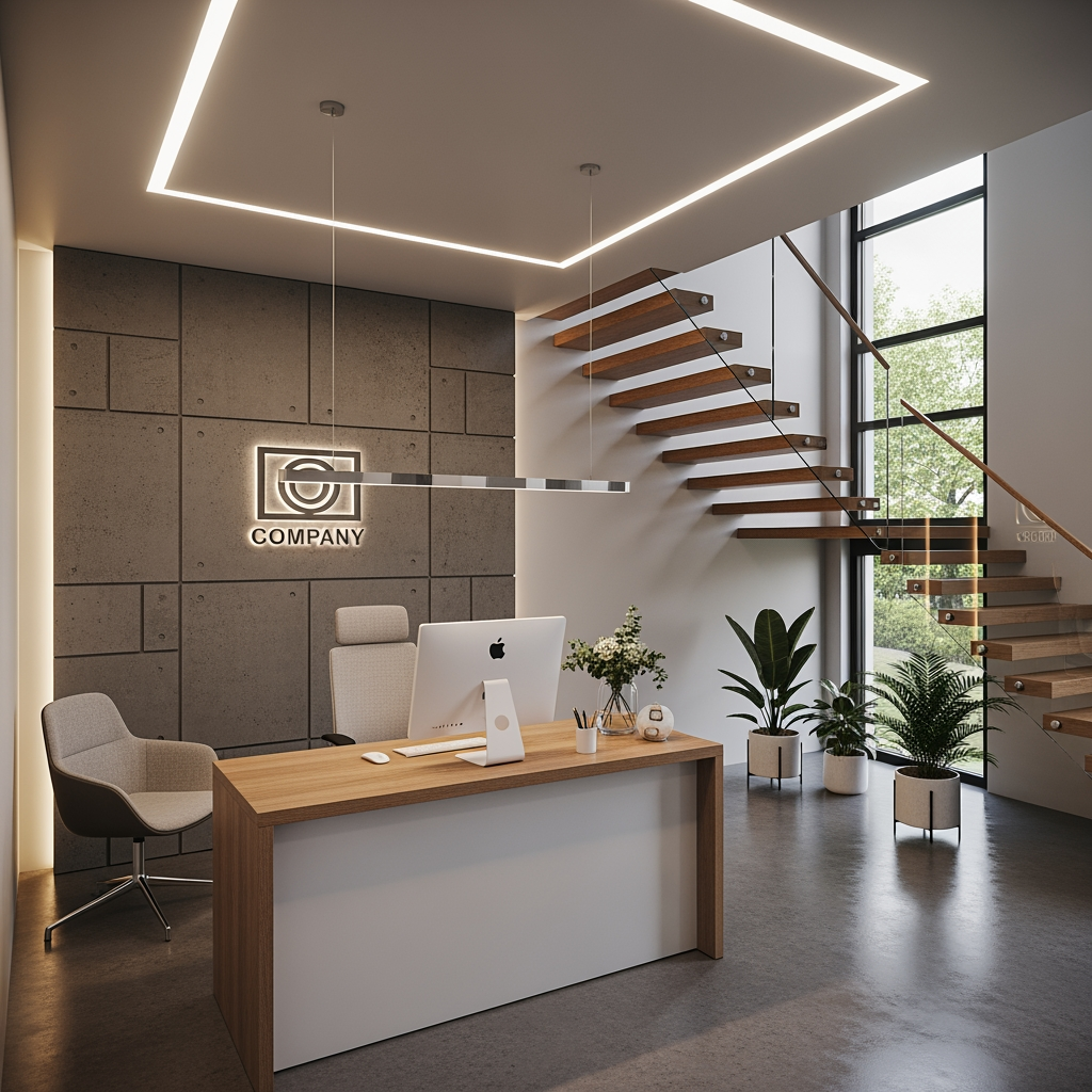AI Design for voglio un rendering di una reception non molto grande dove si vede anche una scala moderna che porta al primo piano sul lato destro
