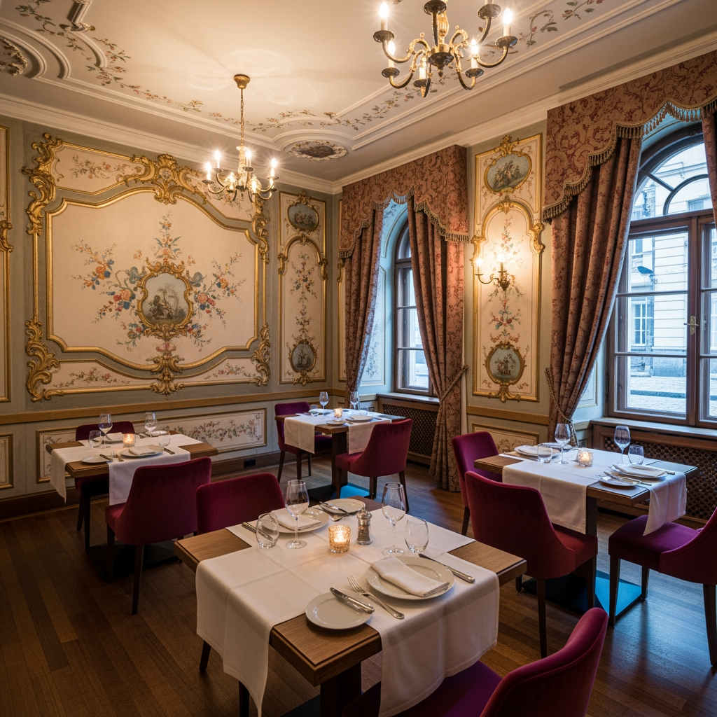 AI Design for crea una sala non molto grande di un ristorante stile classico con pareti decorate tavoli quadrati per un palazzo del 700 con soffitto basso
