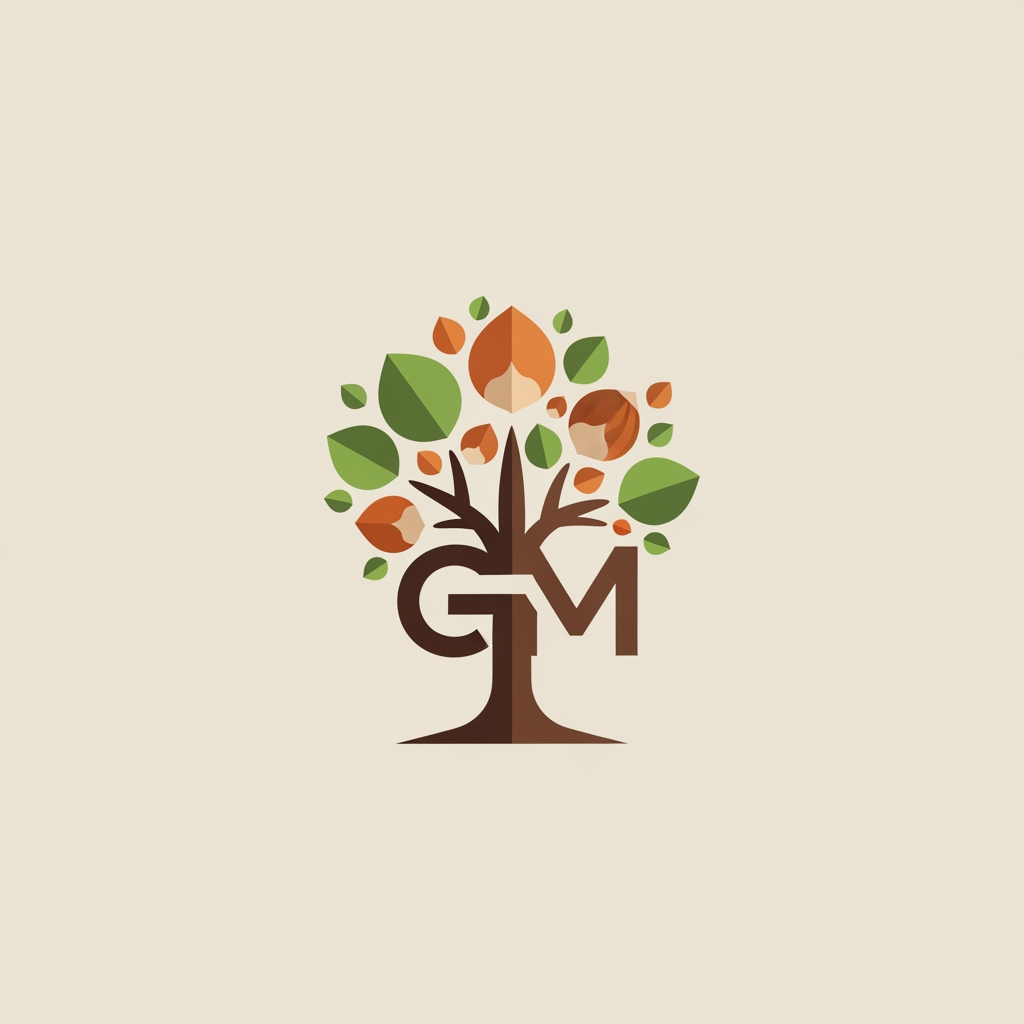 AI Design for Creare un logo molto professionale da vero grafico design esperto con queste diciture a sua volta deve contenere anche un albero di nocciolo il tutto molto stilizzato con riempimenti piatti con le inziali GM inserite nel contesto dell'albero IL TUTTO SU UN FONDO SENZA EFFETTI