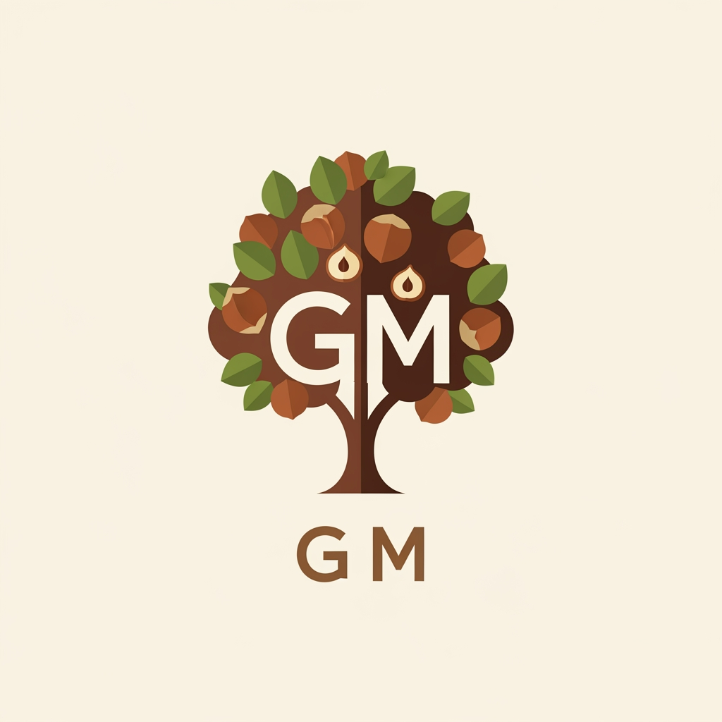 AI Design for Creare un logo molto professionale da vero grafico design esperto con queste diciture a sua volta deve contenere anche un albero di nocciolo il tutto molto stilizzato con riempimenti piatti con le inziali GM inserite nel contesto dell'albero IL TUTTO SU UN FONDO SENZA EFFETTI