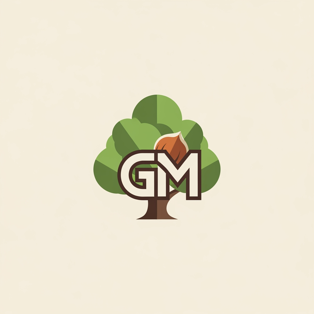 AI Design for Creare un logo molto professionale da vero grafico design esperto con queste diciture a sua volta deve contenere anche un albero di nocciolo il tutto molto stilizzato con riempimenti piatti con le inziali GM inserite nel contesto dell'albero IL TUTTO SU UN FONDO SENZA EFFETTI