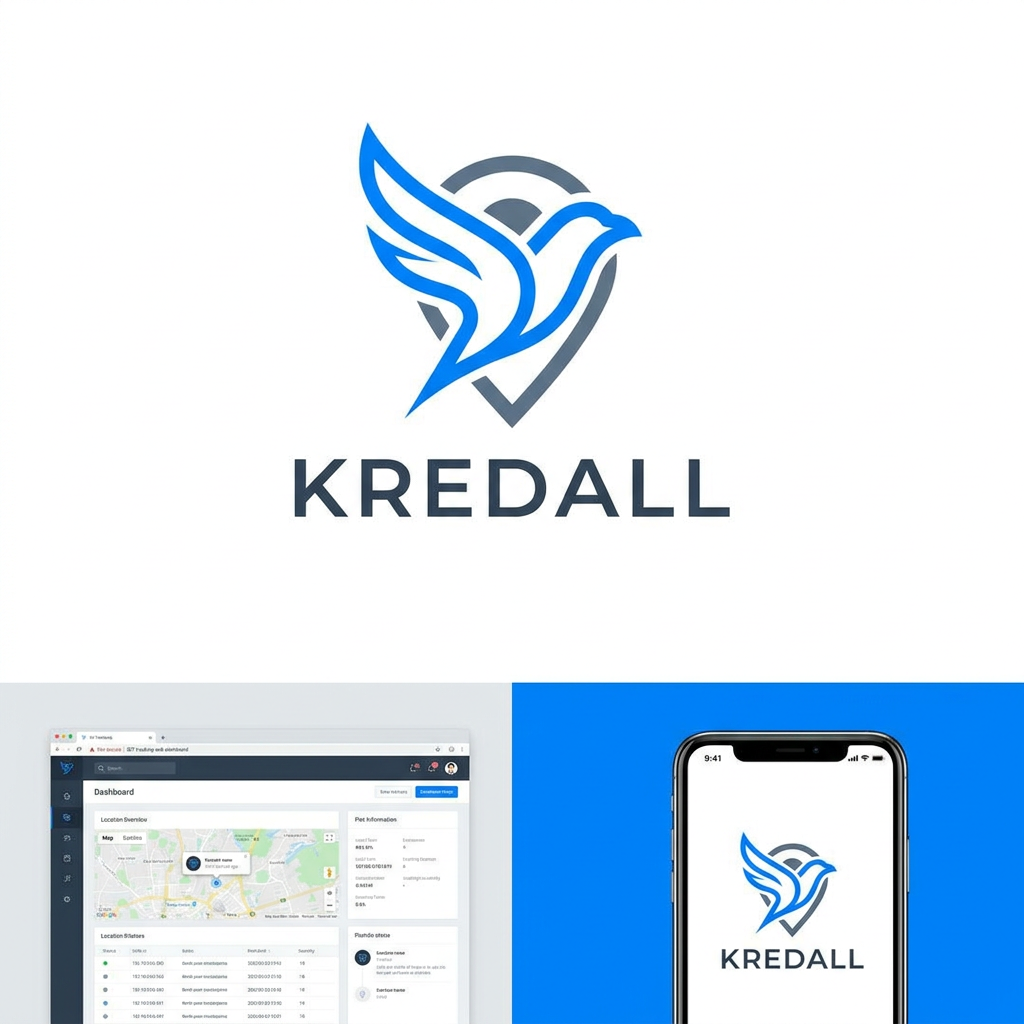 AI Design for A modern, minimalist logo design for Kredall, featuring a clever fusion of a stylized bird silhouette and a location pin icon. The design uses clean vector lines, a vibrant tech-inspired color palette of electric blue and slate grey, and a balanced geometric composition suitable for an IOT tracking web dashboard and mobile app interface.