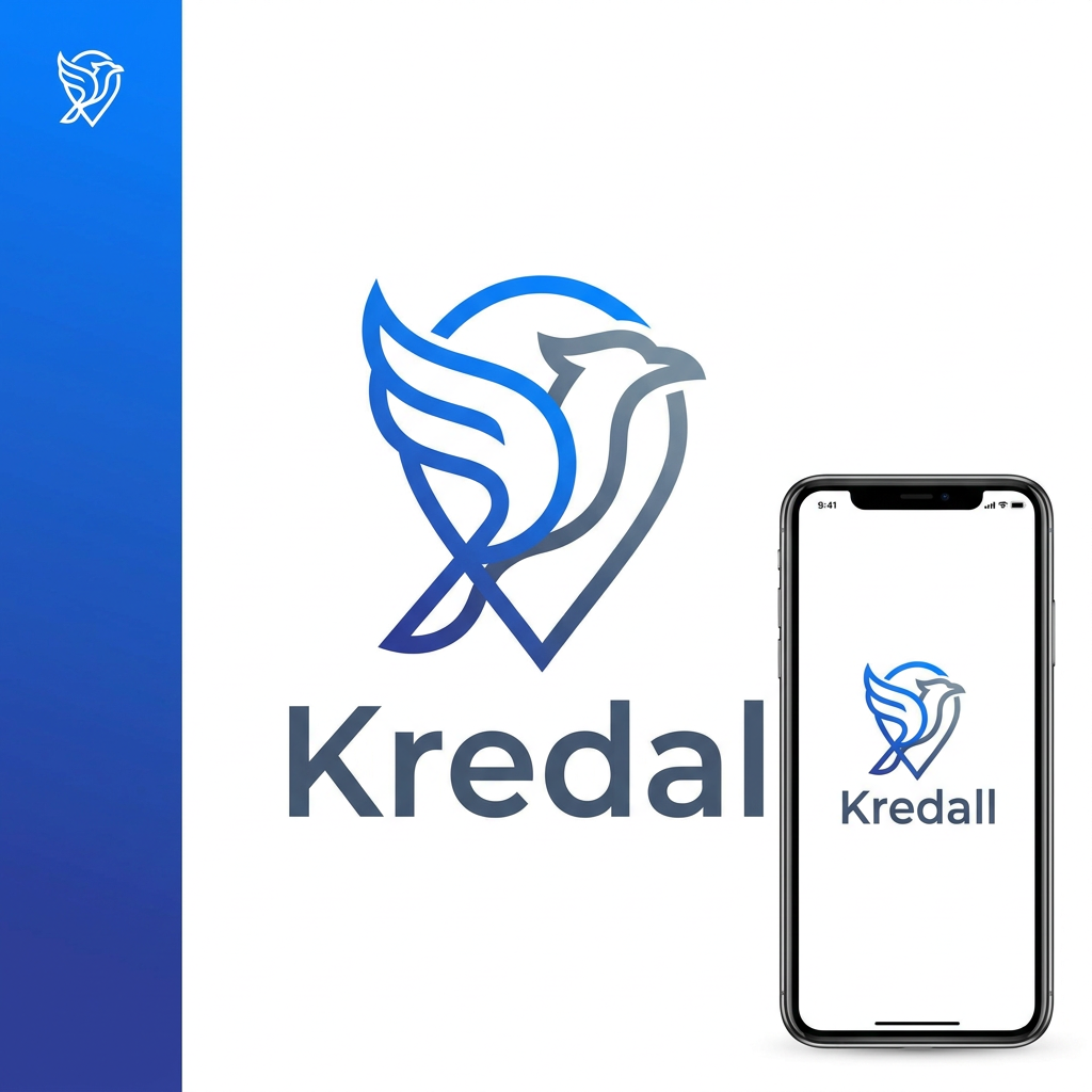 AI Design for A modern, minimalist logo design for Kredall, featuring a clever fusion of a stylized bird silhouette and a location pin icon. The design uses clean vector lines, a vibrant tech-inspired color palette of electric blue and slate grey, and a balanced geometric composition suitable for an IOT tracking web dashboard and mobile app interface.