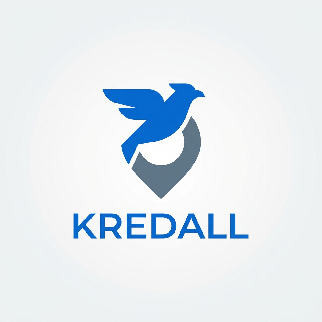 AI Design for A modern, minimalist logo design for Kredall, featuring a clever fusion of a stylized bird silhouette and a location pin icon. The design uses clean vector lines, a vibrant tech-inspired color palette of electric blue and slate grey, and a balanced geometric composition suitable for an IOT tracking web dashboard and mobile app interface. I need filled logo. brand color is blue-500.