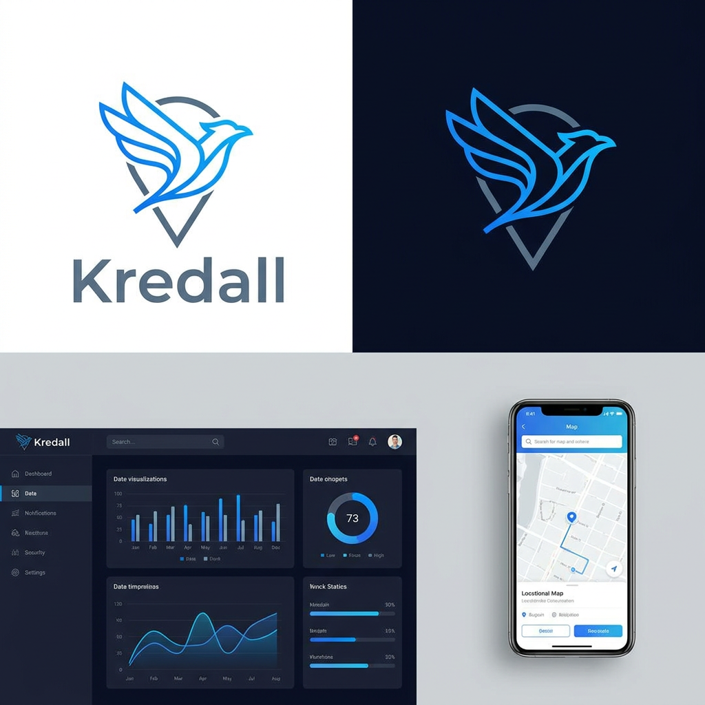 AI Design for A modern, minimalist logo design for Kredall, featuring a clever fusion of a stylized bird silhouette and a location pin icon. The design uses clean vector lines, a vibrant tech-inspired color palette of electric blue and slate grey, and a balanced geometric composition suitable for an IOT tracking web dashboard and mobile app interface.