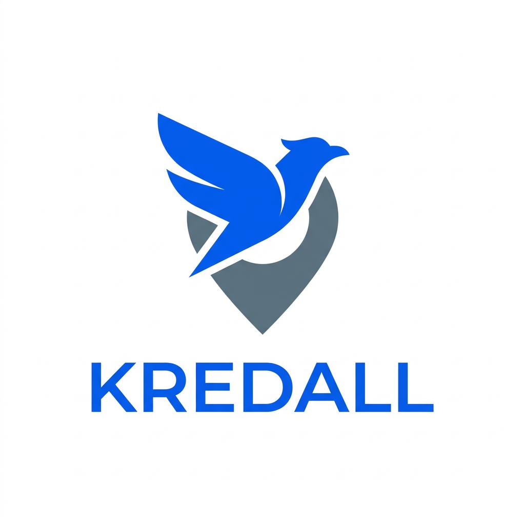 AI Design for A modern, minimalist logo design for Kredall, featuring a clever fusion of a stylized bird silhouette and a location pin icon. The design uses clean vector lines, a vibrant tech-inspired color palette of electric blue and slate grey, and a balanced geometric composition suitable for an IOT tracking web dashboard and mobile app interface. I need filled logo. brand color is blue-500.