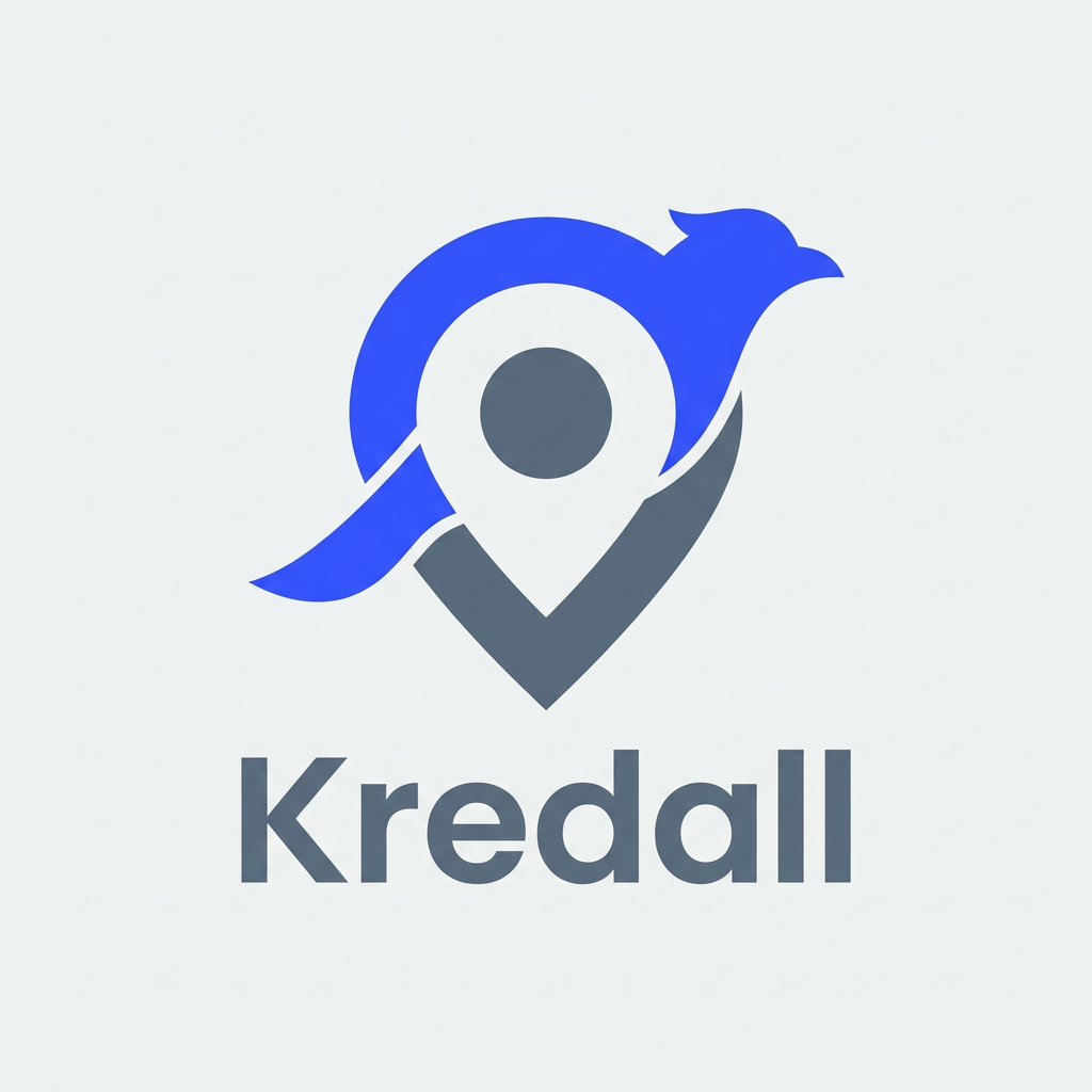 AI Design for A modern, minimalist logo design for Kredall, featuring a clever fusion of a stylized bird silhouette and a location pin icon. The design uses clean vector lines, a vibrant tech-inspired color palette of electric blue and slate grey, and a balanced geometric composition suitable for an IOT tracking web dashboard and mobile app interface. I need filled logo. brand color is blue-500.